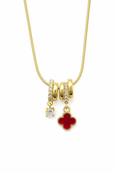 Jack Ferrero Yellow Tone Steel Snake Chain Necklace with Red Clover and Stone...