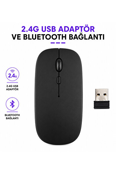 qasul Kablosuz Şarjlı Mouse Bluetooth 5.2 + USB 2.4G Çift Modlu Android Telef...