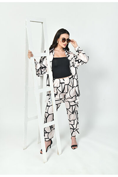 RIZQE Abstract Geometric Line Art Co-Ord Set Japanese Satin Modest Wear