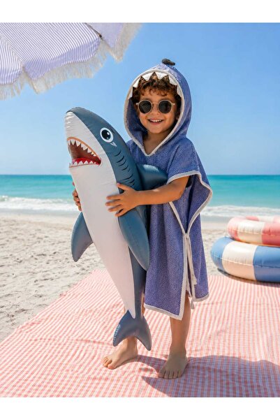 TEKSMODA HER MODA ONDA Pamuk Peştemal Kapşonlu Plaj Çocuk-Bebek Panço-SHARK