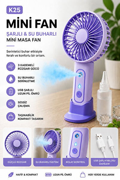 Coverzone Mini Fan Vantilatör Şarjlı Su Buharlı Taşınabilir Masa Fanı Buharlı...