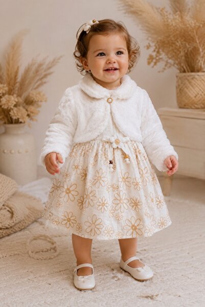 Pure Boutique Rochita bebe fetita alba cu imprimeu floral si bolero pufos pen...