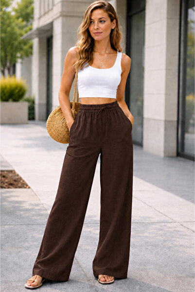 ikomteks Dark Brown Linen Look Elastic Waist Palazzo Trousers