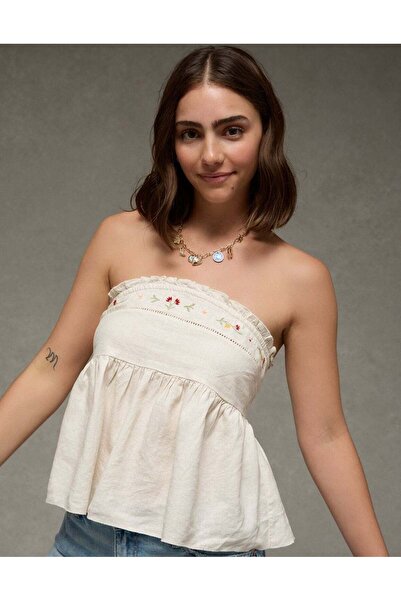 AMERICAN EAGLE بلوزة أنبوبية بدون أكتاف مطرزة من AE