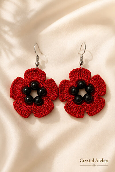 Crystal Atelier Poppy Flower Knitted Earrings Red Black Handmade Dangle Women...