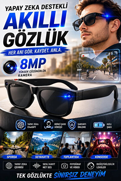 Eco Lounge Birinci Şahıs Görüşlü 8MP Kameralı Yapay Zeka Akıllı Gözlük ChatGP...