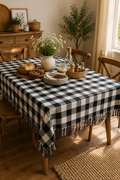 Kyrotech Cotton Gingham Black and White Tablecloth 170X170 Cm, Knotted Edge S...