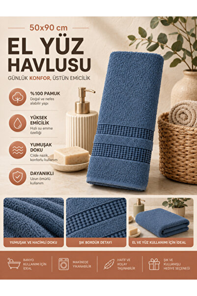 nnevora Mavi 50x90 cm El Yüz Havlusu %100 Pamuk Yumuşak Dokulu Yüksek Emici B...