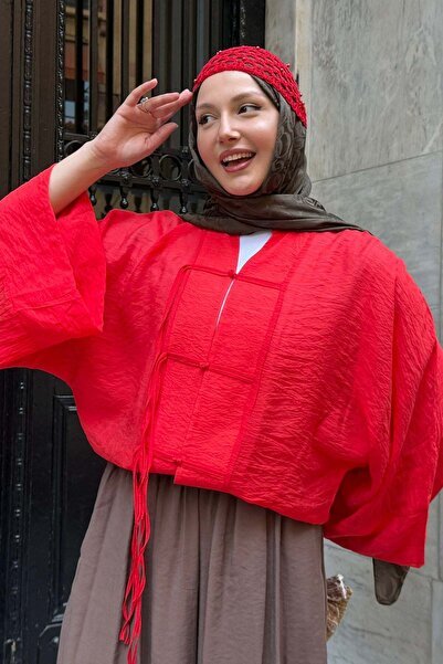Modaensarbutik Süslü Düğmeli Dökümlü Modal Tül Kimono-KIRMIZI