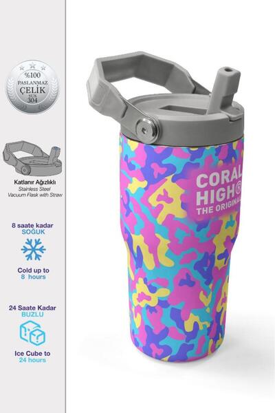 Coral High Pink Yellow Lavender Camouflage Patterned Folding Steel Thermos wi...