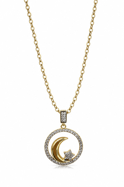 Jack Ferrero Steel Moon Star Themed Necklace with Zircon Stones - Stylish and...