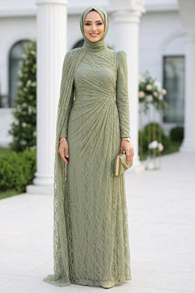N.S NEVA STYLE Rochie de seară hijab verde din dantelă 5659CY