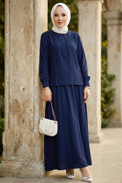Neva Style Set dublu Hijab bleumarin cu fustă 20364L