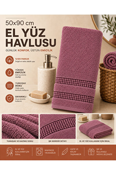 nnevora Gül Kurusu 50x90 cm El Yüz Havlusu %100 Pamuk Yumuşak Dokulu Yüksek E...