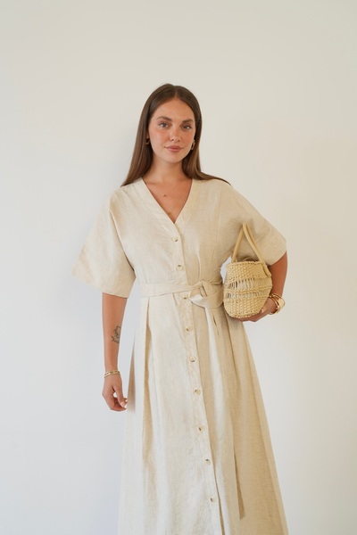 Myra Fashion Keten Boydan Düğmeli Kuşaklı Midi Elbise V Yaka Kısa Kollu Rahat...
