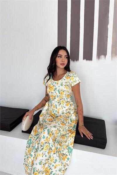 Neşeli Butik Rochie de damă galbenă, cu guler rotund, cu flori, lungime midi,...