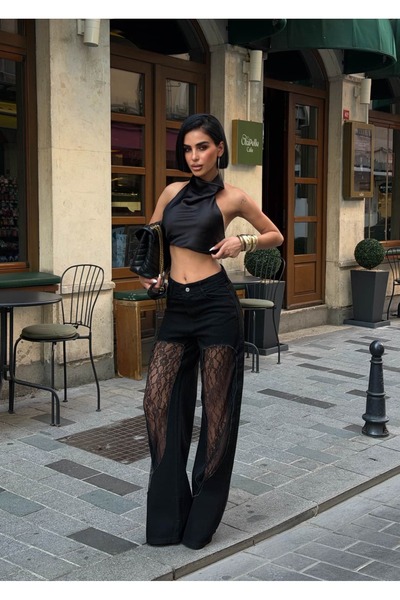 GLAMMOSS L'Atelier Μαύρο τζιν με διαφανή δαντέλα και λεπτομερή σχεδιασμό