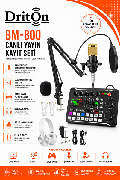 DRİTON BM-800 + F998 SARI PODCAST TİKTOK YOUTUBE YAYINCI CONDENSER MİKROFON V...