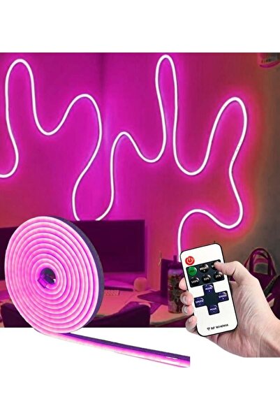 burul 5 Metre Pembe Esnek Neon Led Şerit Dimmer Kumandalı Dekoratif Aydınlatm...