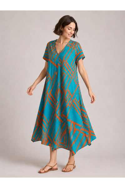 Sibel Günay Butik Turquoise Geometric Patterned 130 cm 100% Cotton Viscose V-...