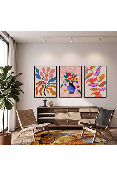 KOLAJTASARIM Set de 3 tablouri cu flori abstracte vii, înrămate în negru, pic...