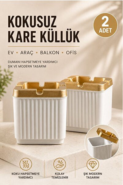 Kitchen Beauty 2 Adet Kare Çizgili Küllük | Hazneli Kapaklı Dumansız Sigara K...