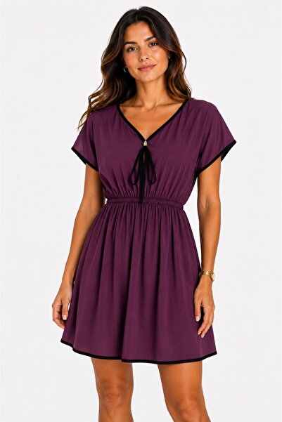 MYCPARL Piping Detailed Waist Gathered V-Neck Short Sleeve Transparent Pareo/...