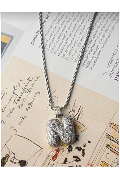 Haziran Accessory, Zircon Stone, Twisted Chain Balloon Letter, Silver Steel N...