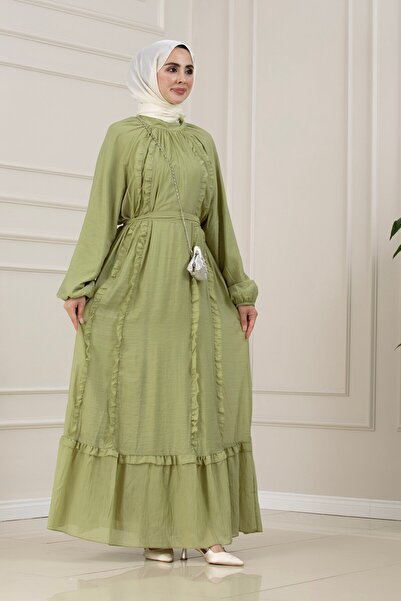 Sevitli Ruffle Detailed Belted September Dress-Khaki