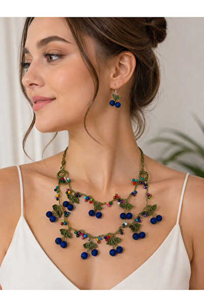 GikaBujiteri Otantik Kiraz Oyası Yaprak ve Boncuk Detaylı Kolye Küpe Seti
