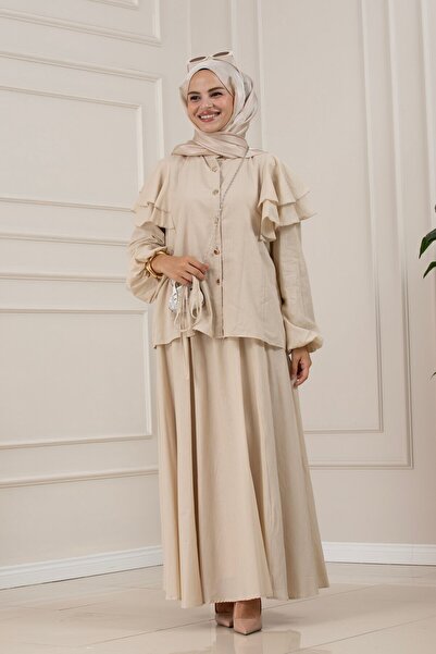 Sevitli Layered Detailed Minel Skirt Set-Beige