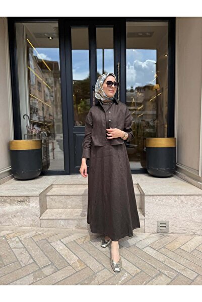 TERZİ DÜKKANI D54 Amanda Keten Kolsuz Elbise Gömlek Takım Kahve