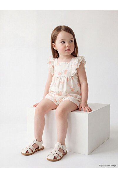 LC Waikiki Square Neck Ruffled Printed Baby Girl Poplin Jumpsuit
