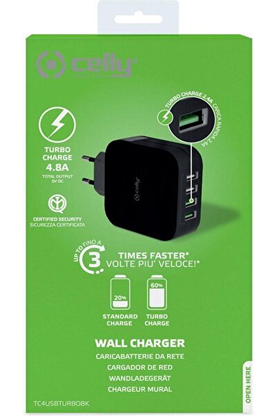 Celly Φορτιστής ταξιδίου 4 USB 4.8A Μαύρο (411.726715)