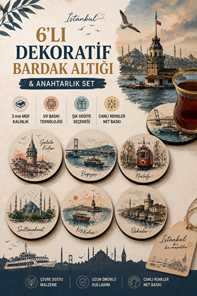 HERALDİS 6-Piece Wooden Uv Printed Coaster Table Protector