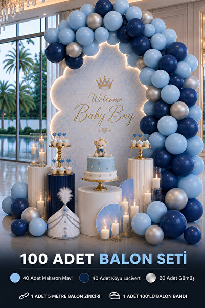 Hey Parti 100-Piece Baby Shower Boy Balloon Set – Macaron Blue, Dark Navy Blu...