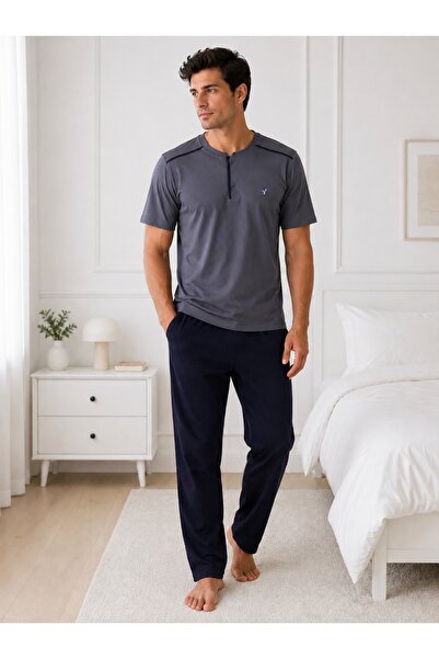 AYSUN TEKSTİL Men's Large Size Short-Sleeved Pajama Set with Buttoned Collar,...