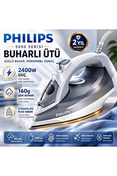 Philips 160 g Şok Buhar 5000 Serisi Buharlı Ütü, 2400W, , SteamGlide Plus Tab...