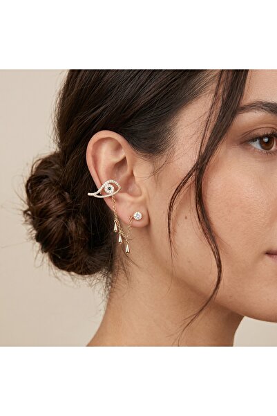 Nazar Boncuğu Model Zincirli Gold Kaplama Kıkırdak Küpe (Earcuff)