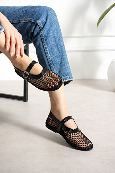 LORENN SHOES Bonnie Black Mesh Detailed Flat Sole Women's Ballerinas