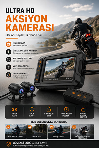 Yenilig Aksiyon Kamerası Ultra HD 2K WiFi Motosiklet Kamera Ön Arka Çift Lens...