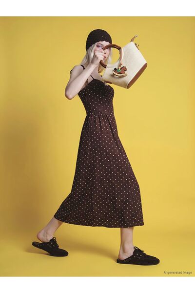 LC Waikiki Xside Brown Heart Neckline Polka Dot Rope Strap Dress