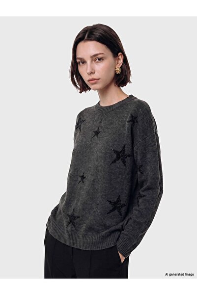 LC Waikiki Lcw modest anthracite crew neck star patterned women's knitwear tunic