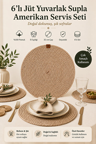 Fabrix Home طقم تقديم أمريكي من الجوت مكون من 6 قطع بلون الحمص، طبق تقديم بوه...