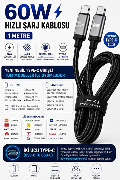 one depot only for quality life 60W Type-C to Type-C Hızlı Şarj Kablosu 1 Metre Hasır Örgülü PD Hızlı Şarj Uyumlu
