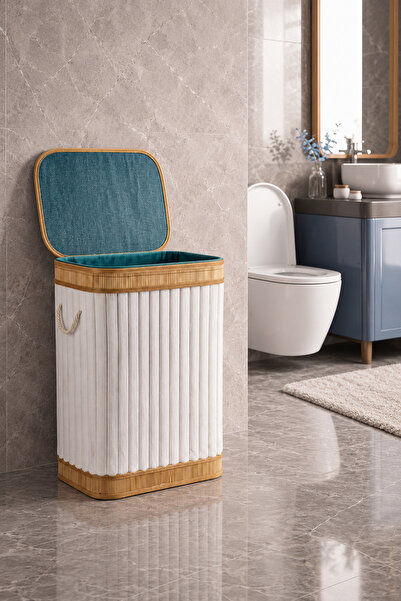 NEWNOW VELORA Collection Bambu Kapaklı Kadife Çamaşır Sepeti 42x35x60 cm Katl...