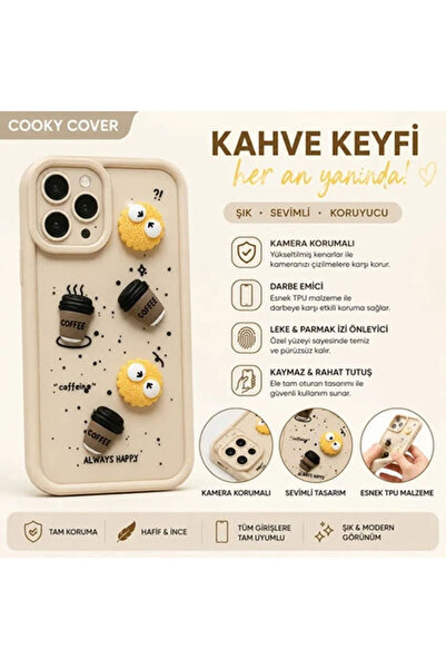 iPhone 12 Coffee Desenli 3D Kamera Korumalı Premium Silikon Kılıf - Krem