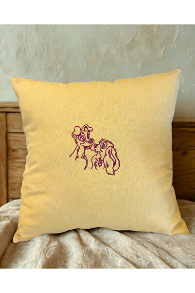 Elegancembroidery Romantik Köpek Nakışlı Keten Kırlent Kılıfı | Tereyağ Sarıs...