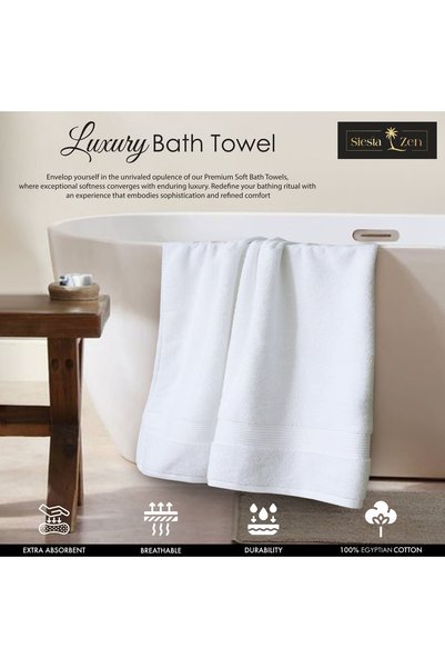 Siesta Zen Premium 100% Egyptian Cotton Bath Towel 70x140cm, Super Soft & Absorbent Towels, 600 GSM, Luxury Spa Hotel Quality, Quick Dry, Fade Resistant (Pack of 2)