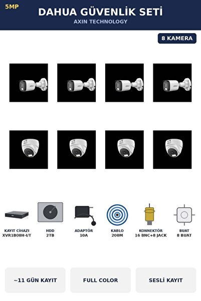 DAHUA 8 Kameralı 5MP Güvenlik Kamera Seti 5MP Full Color Sesli Dome+Bullet 2T...